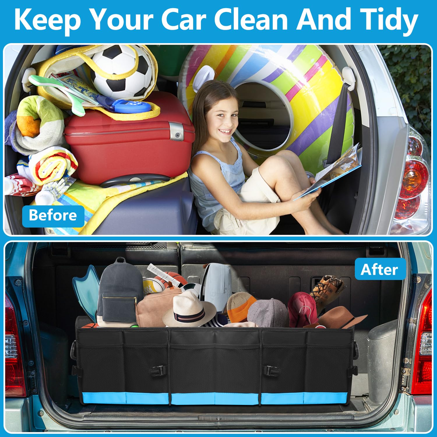 AOPHY car organizer in blue used in SUV for shopping gear.