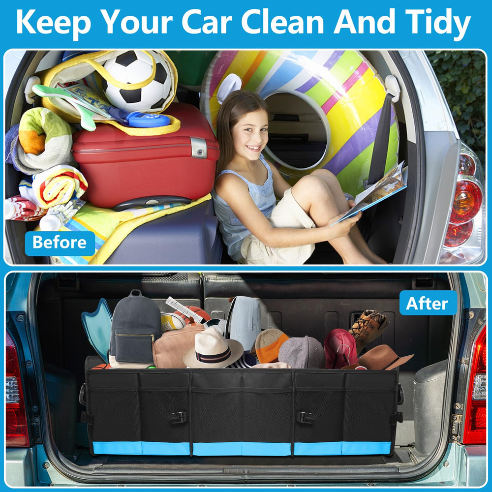AOPHY car organizer in blue used in SUV for shopping gear.