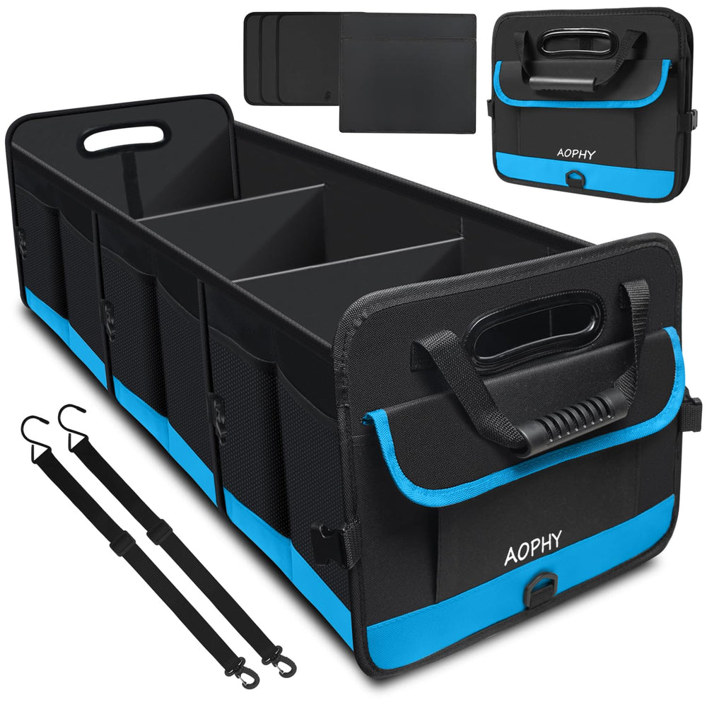 AOPHY trunk organizer in blue with main compartments for car storage.