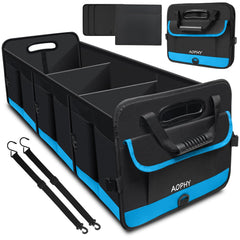 AOPHY trunk organizer in blue with main compartments for car storage.