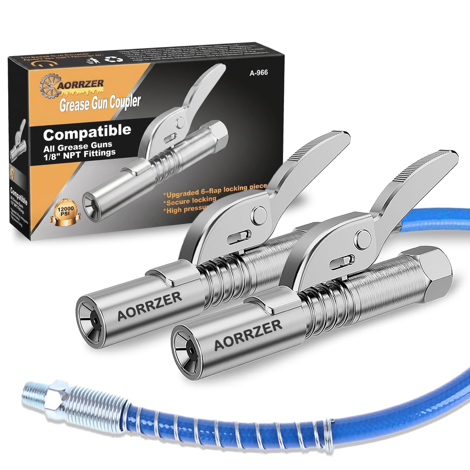 AORRZER two-pack grease gun couplers with 12in hose for easy reach in tight spots.