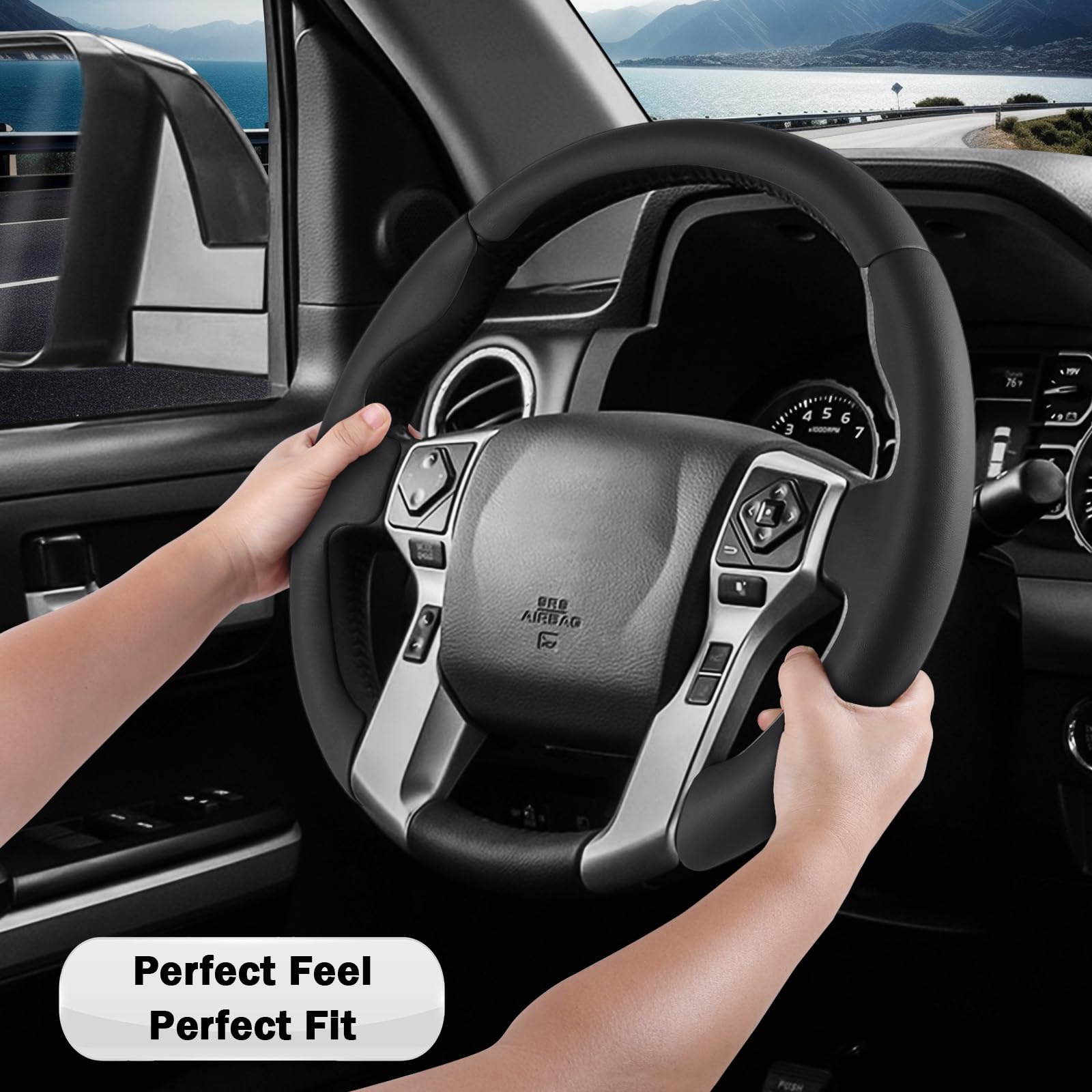 Aotoyou black leather texture steering wheel cover adds a premium look and enhanced grip.