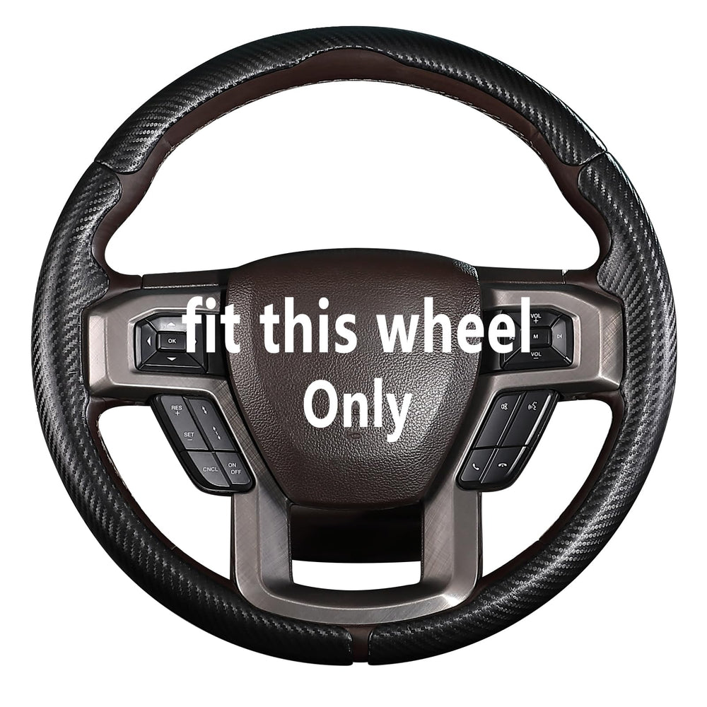 Aotoyou carbon fiber steering wheel cover on Ford wheel, offering premium grip and style.