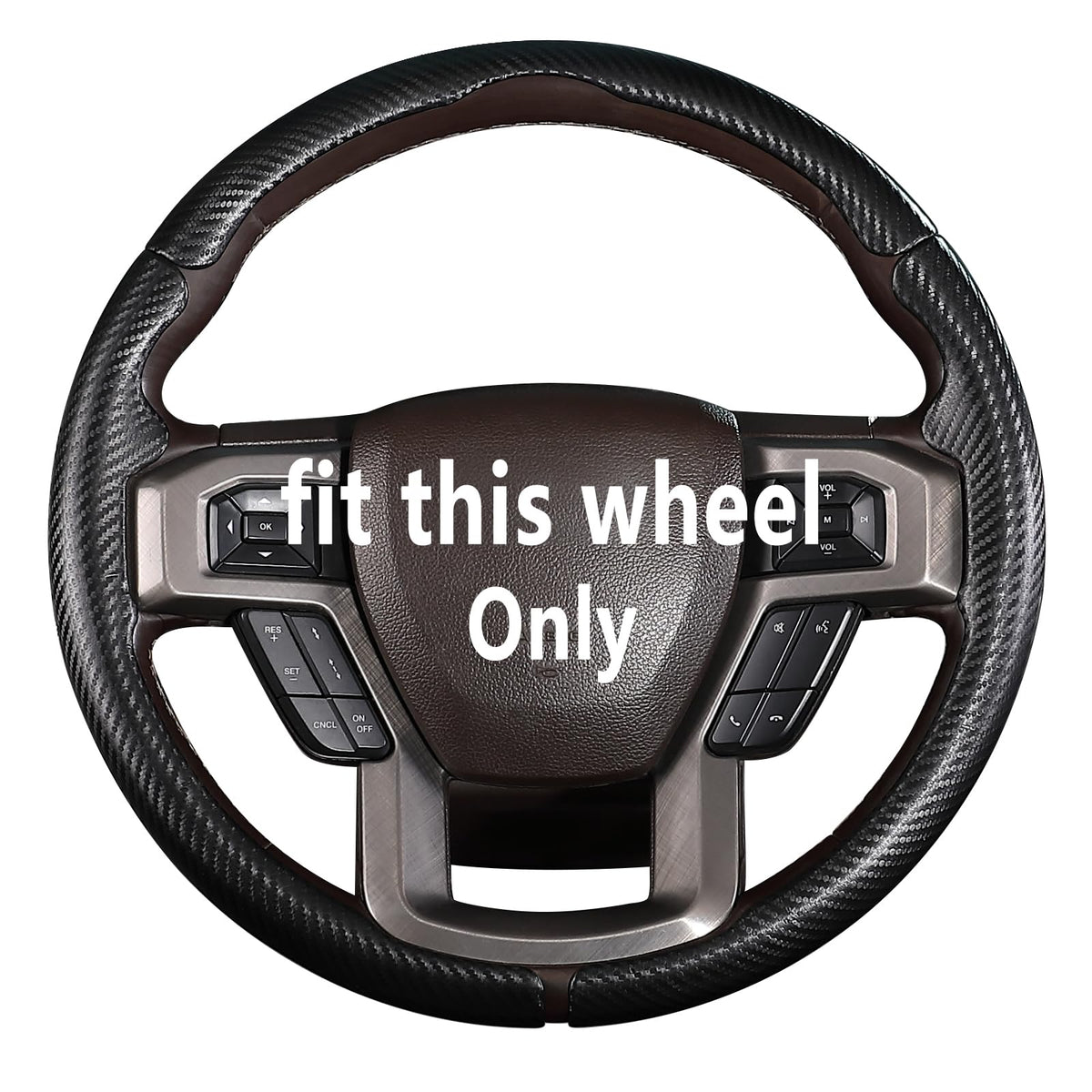Aotoyou carbon fiber steering wheel cover on Ford wheel, offering premium grip and style.
