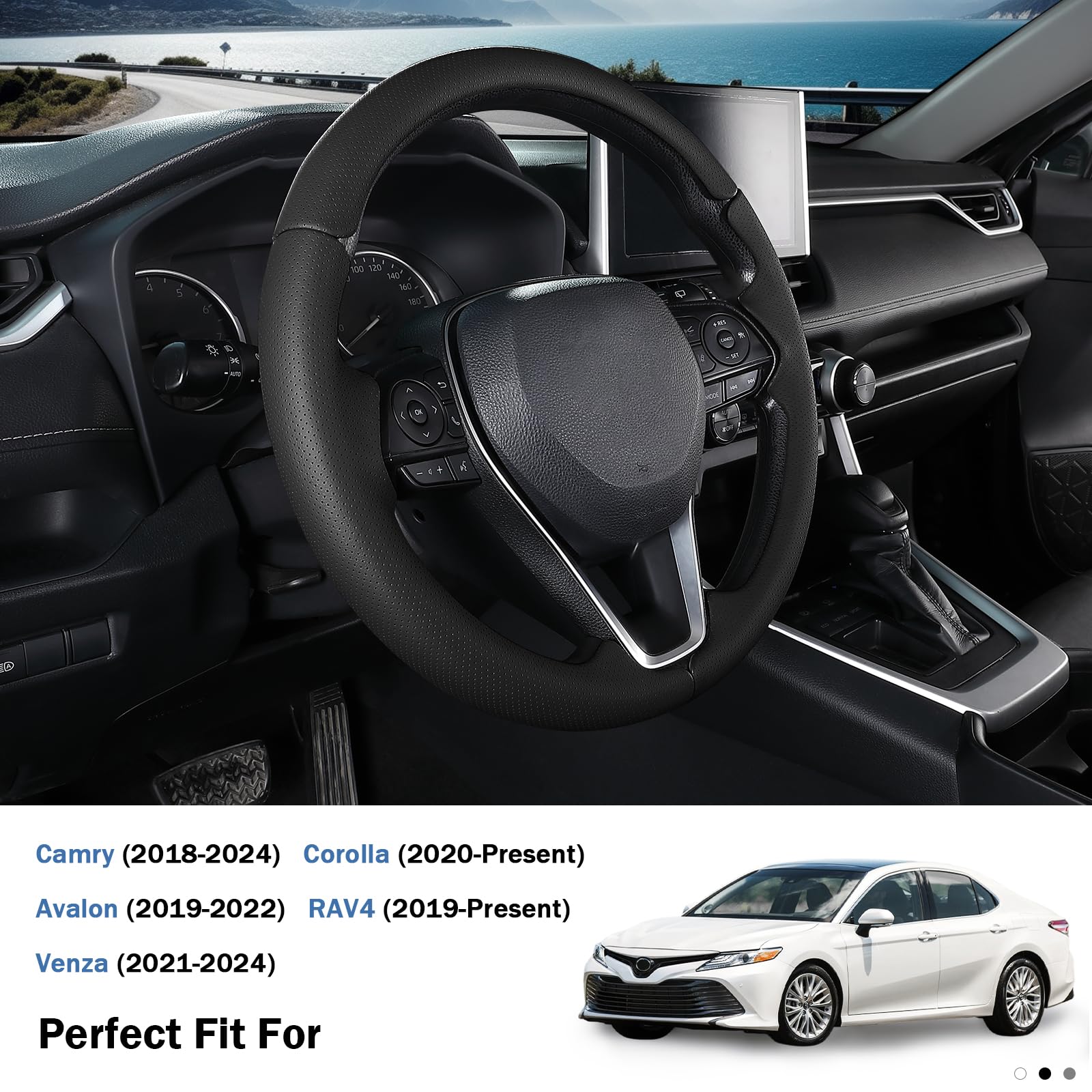 Aotoyou steering wheel cover on Toyota RAV4 highlighting snug fit and premium texture