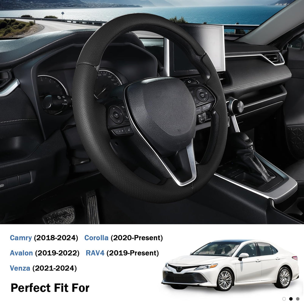 Aotoyou steering wheel cover on Toyota RAV4 highlighting snug fit and premium texture