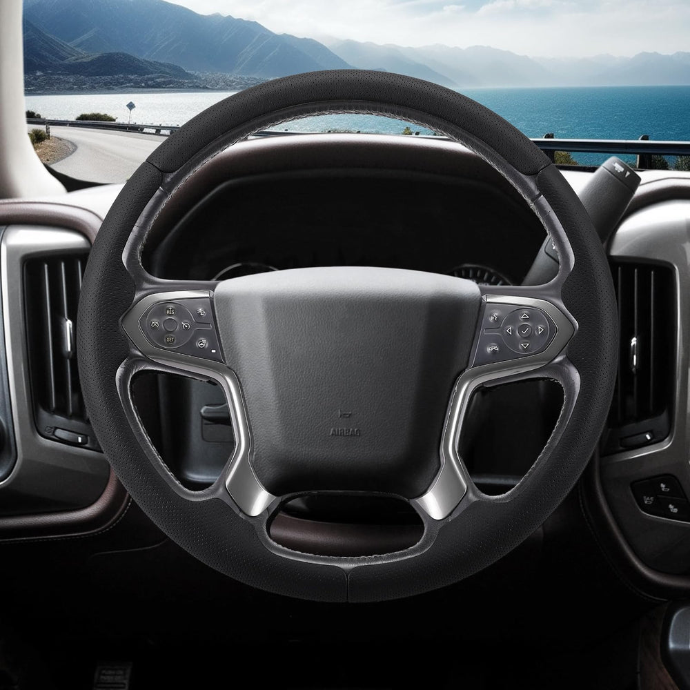 Aotoyou steering wheel cover close-up shows refined stitching.