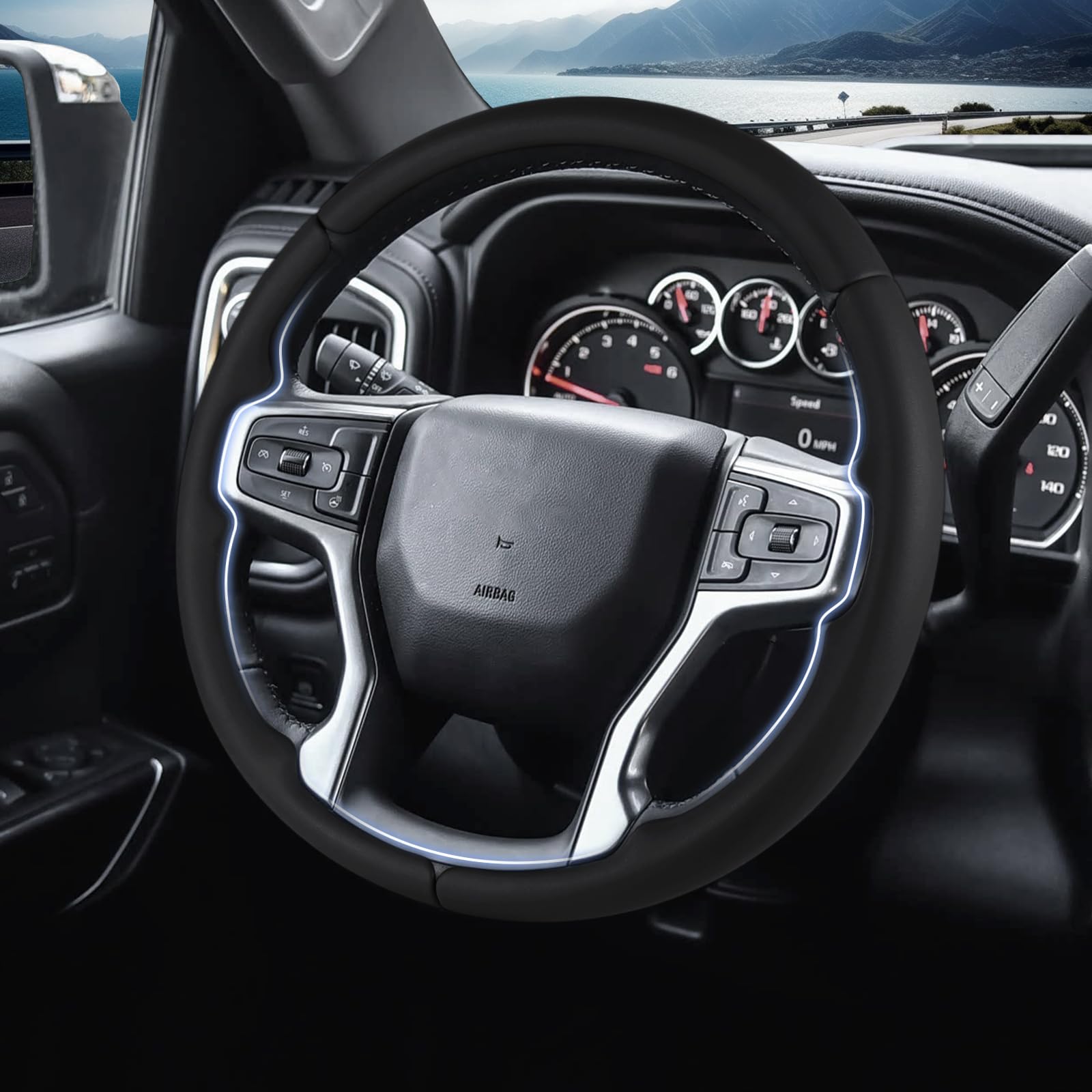 Close-up of Aotoyou leather texture on steering wheel cover for premium feel.