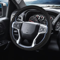 Close-up of Aotoyou leather texture on steering wheel cover for premium feel.