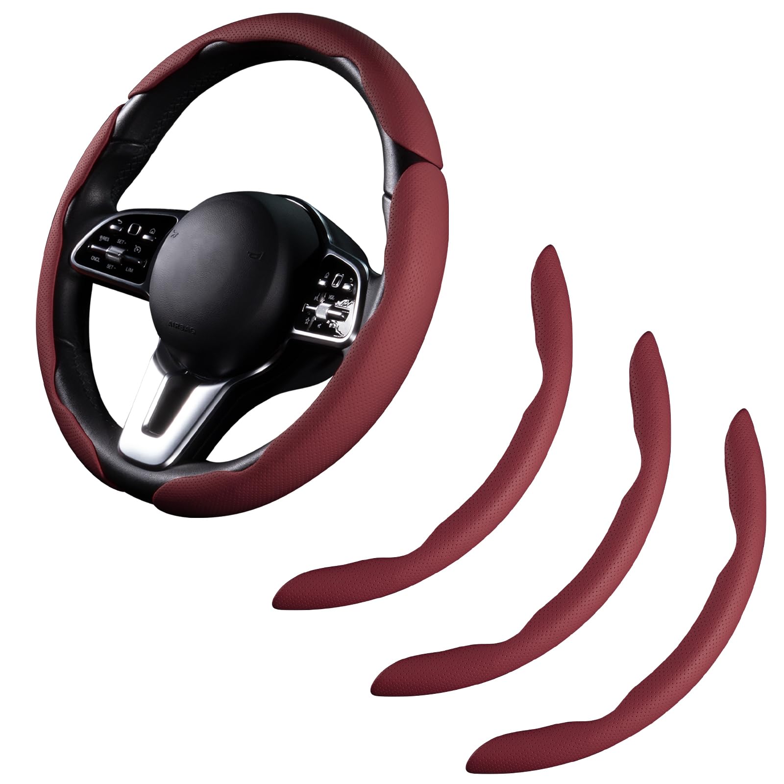 Aotoyou steering wheel cover in wine red front view boosts grip and style.