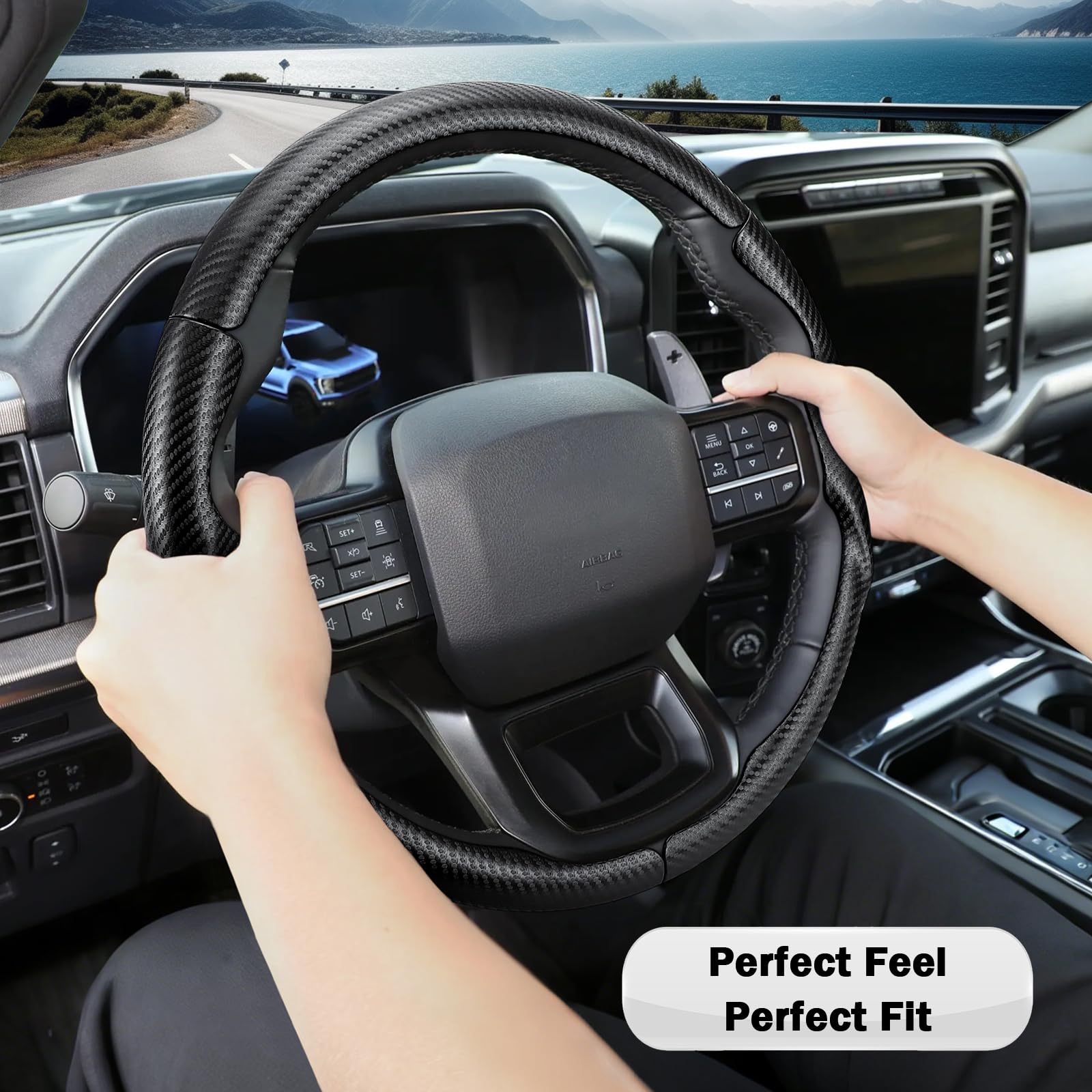 Aotoyou carbon fiber look steering wheel cover: premium feel with slim profile.