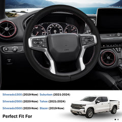 Snug-fit Aotoyou steering wheel cover perched on steering wheel.