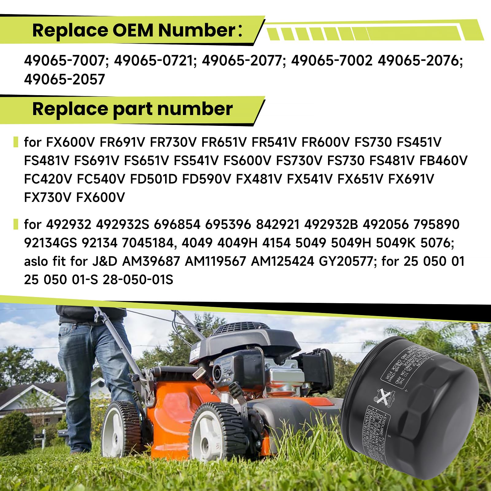 Aouton 49065-0721 oil filter installed on Kawasaki engine for easy replacement.