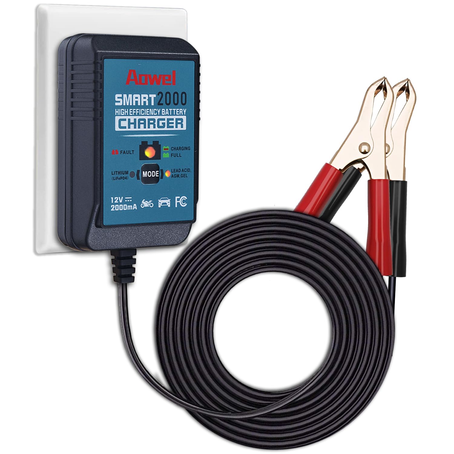 Aowel battery charger with LED indicator showing charging progress.
