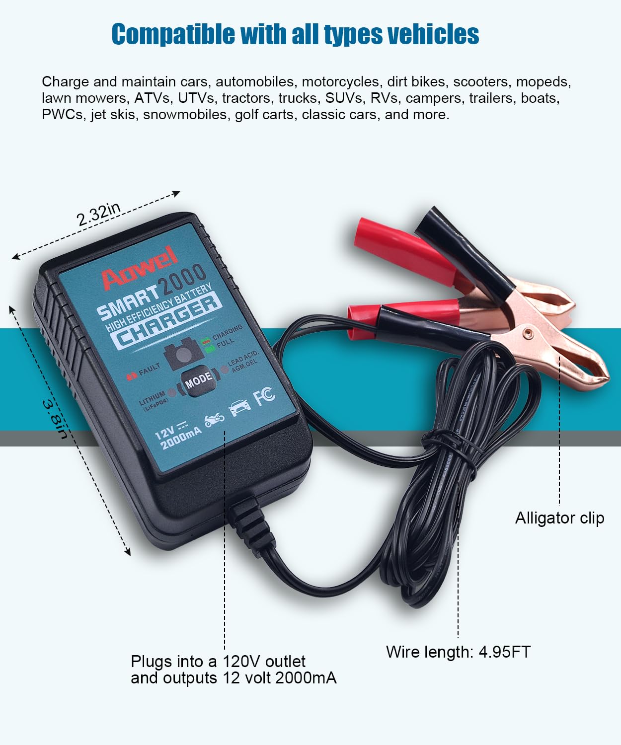 Aowel LiFePO4 charger safely powers lithium batteries for longevity.