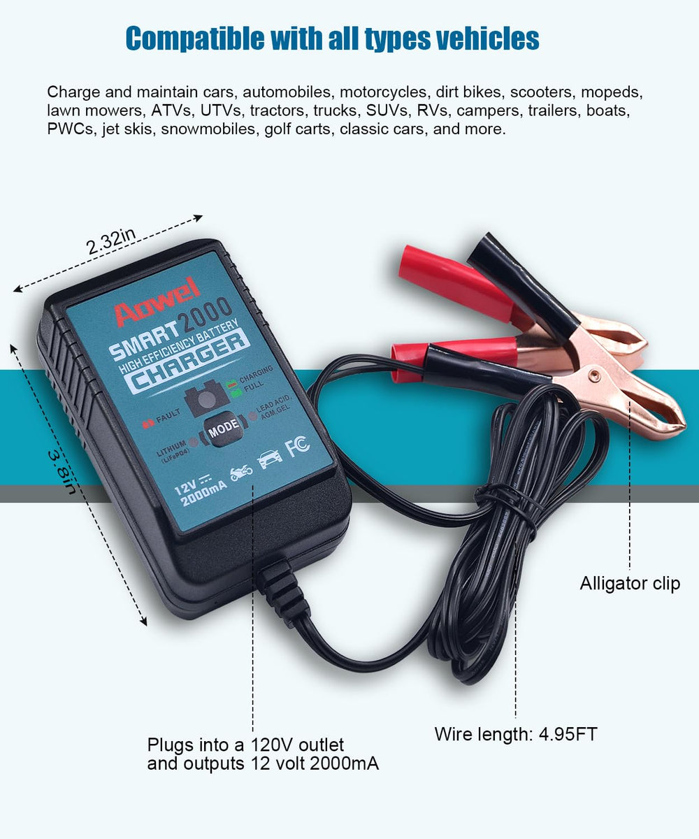 Aowel LiFePO4 charger safely powers lithium batteries for longevity.