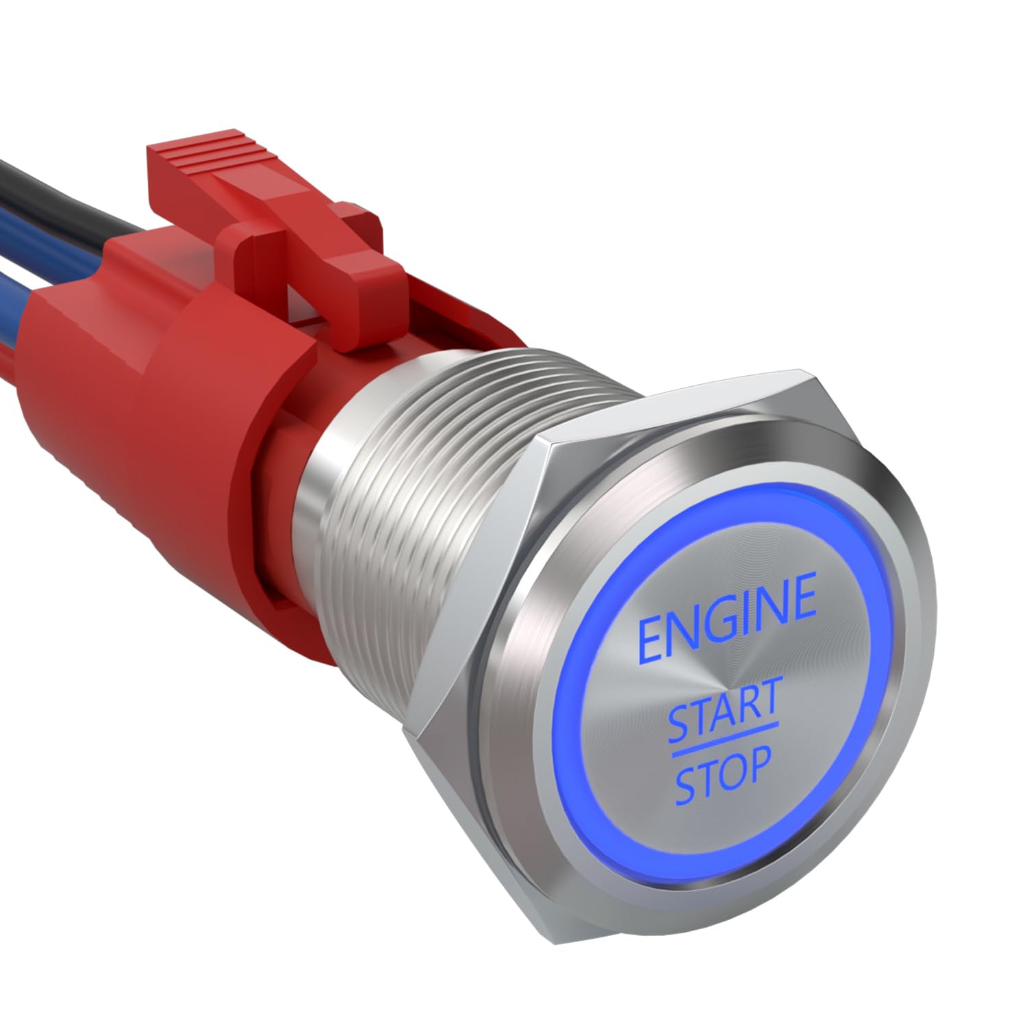 APIEELE push-start ignition switch with blue LED illuminated for night visibility and quick starts.