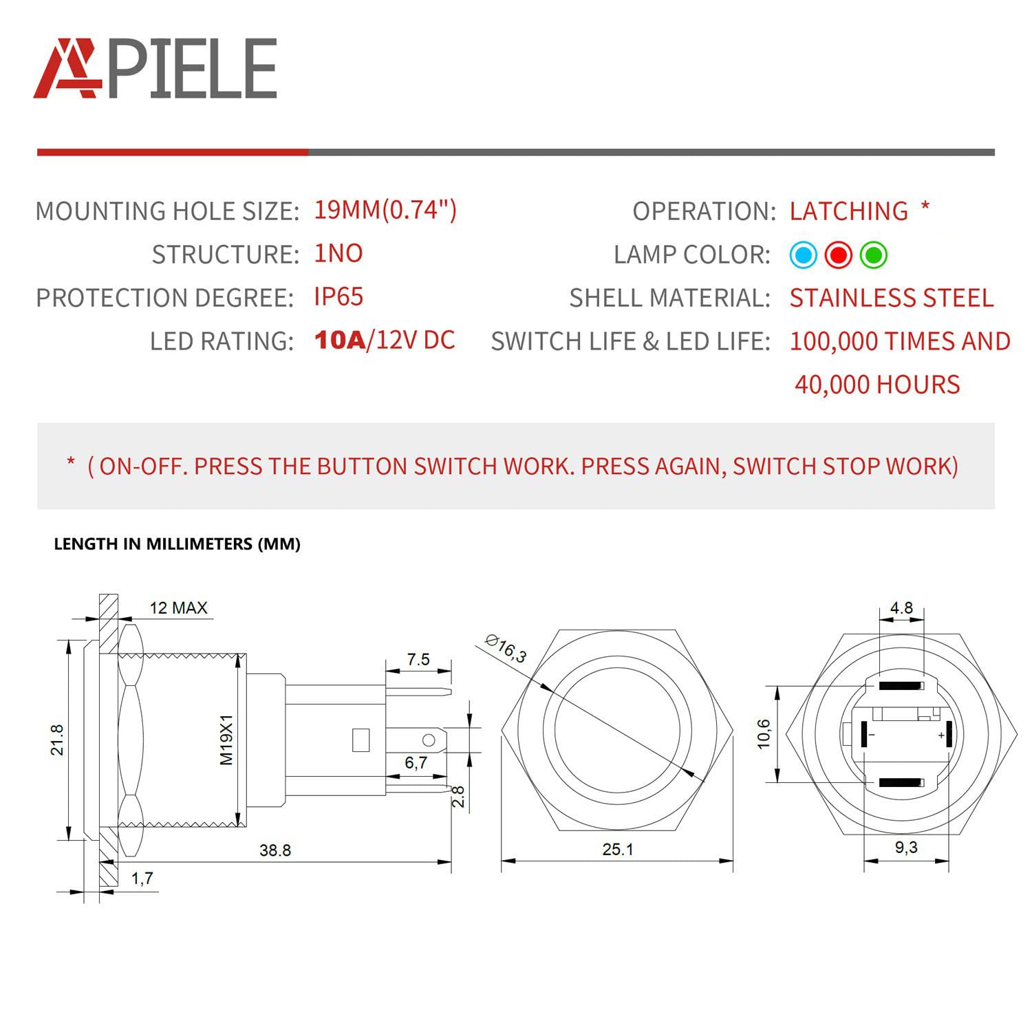 APIELE green LED on switch provides clear start status in low light.
