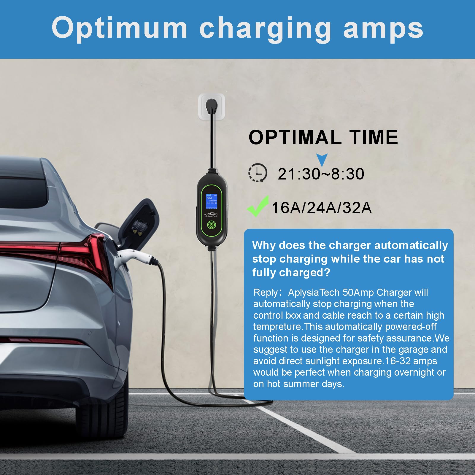 AplysiaTech Level 2 charger cable-port area with 25 ft premium cable for flexible placement.