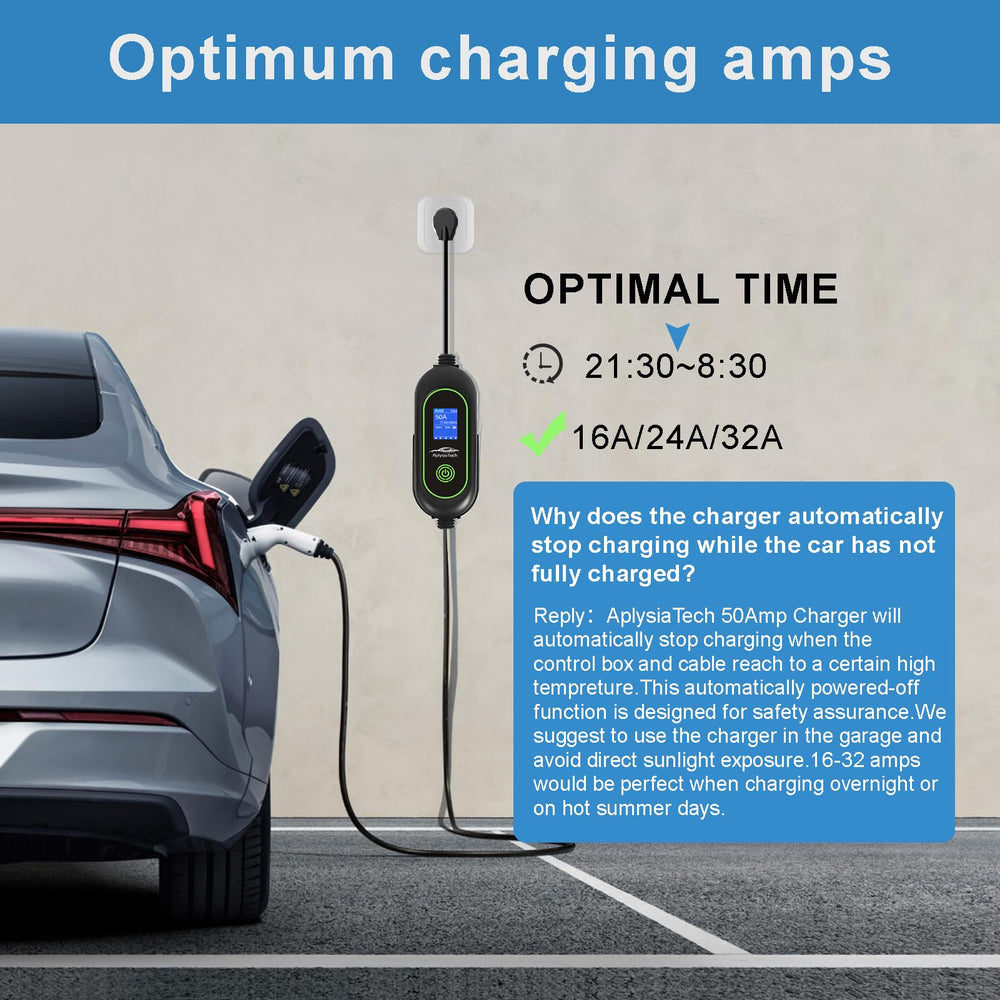 AplysiaTech Level 2 charger cable-port area with 25 ft premium cable for flexible placement.