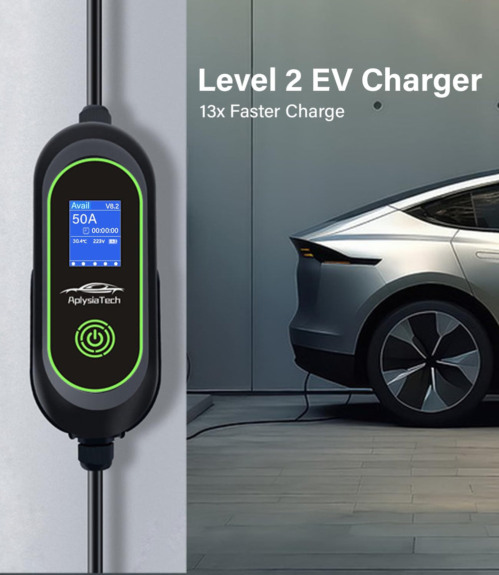 AplysiaTech Level 2 EV charger wall-mounted with compact footprint for garage use.