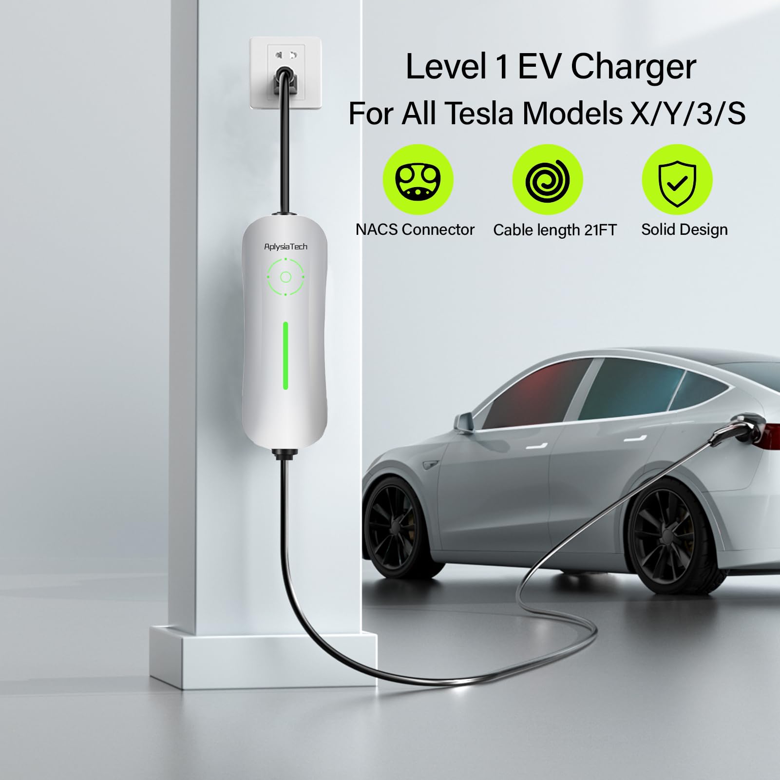 AplysiaTech Level 1 charger with NEMA 5-15 plug for versatile outlets