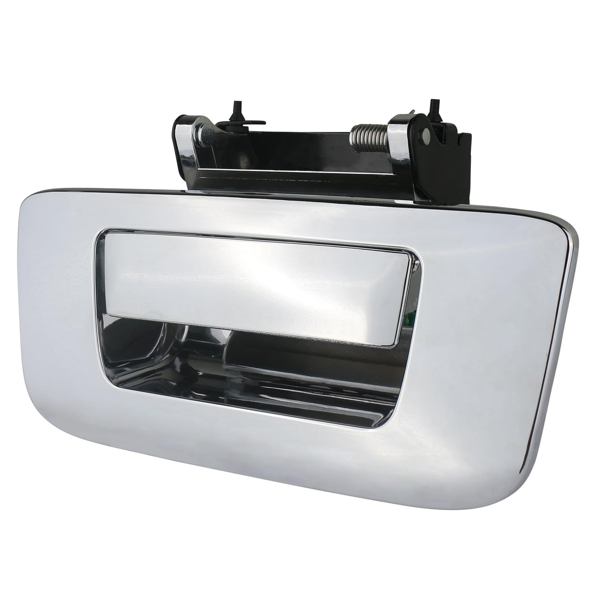 APPERFiT chrome tailgate handle latch viewed from the front for easy access.