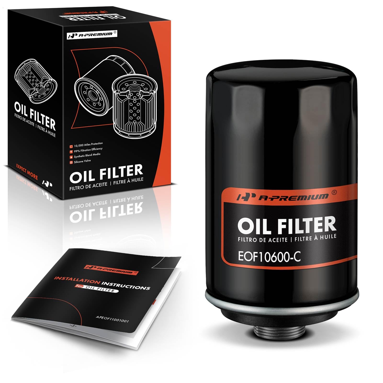 A-Premium 10K Miles Spin-On Oil Filter close-up showing sturdy housing for filtration.