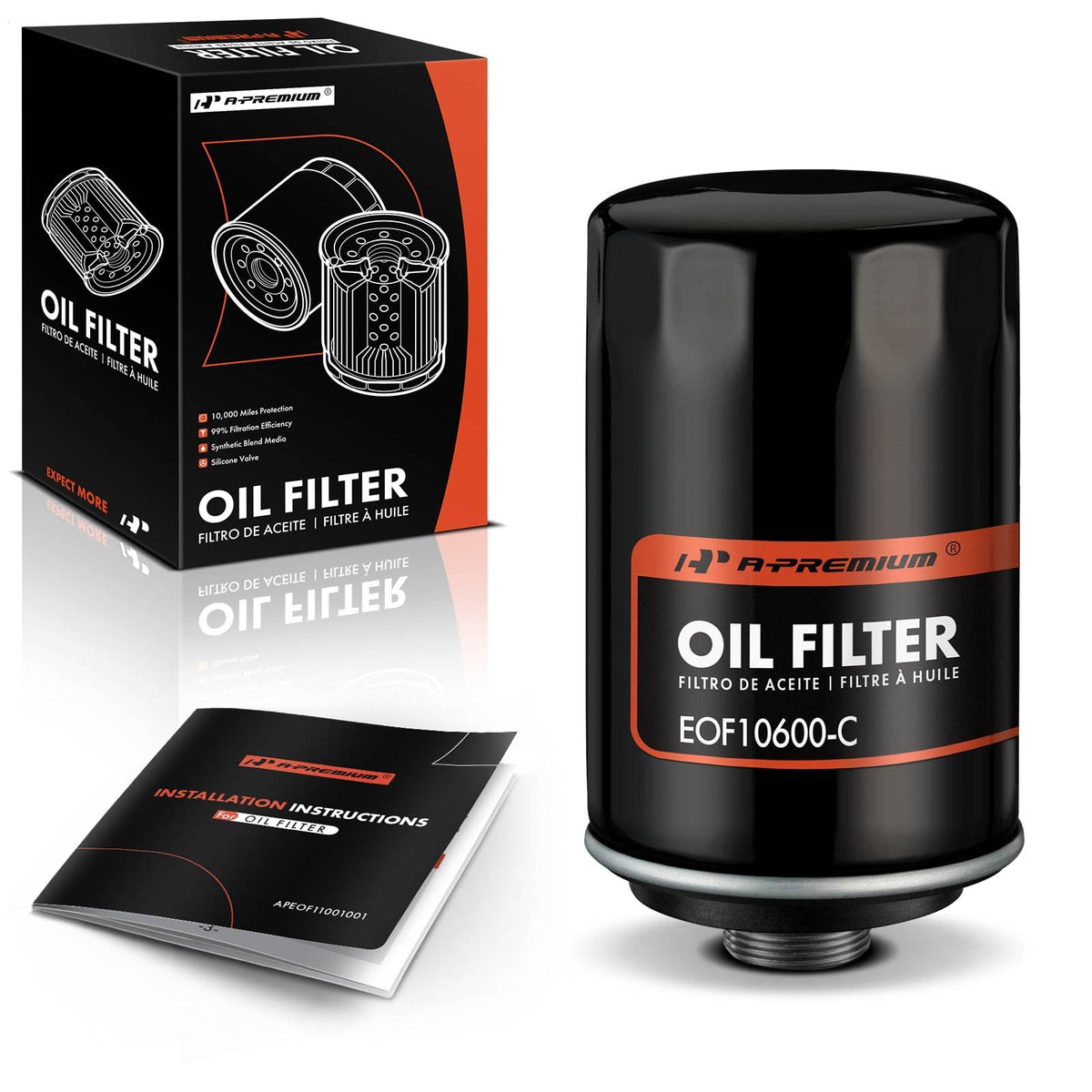 A-Premium 10K Miles Spin-On Oil Filter close-up showing sturdy housing for filtration.