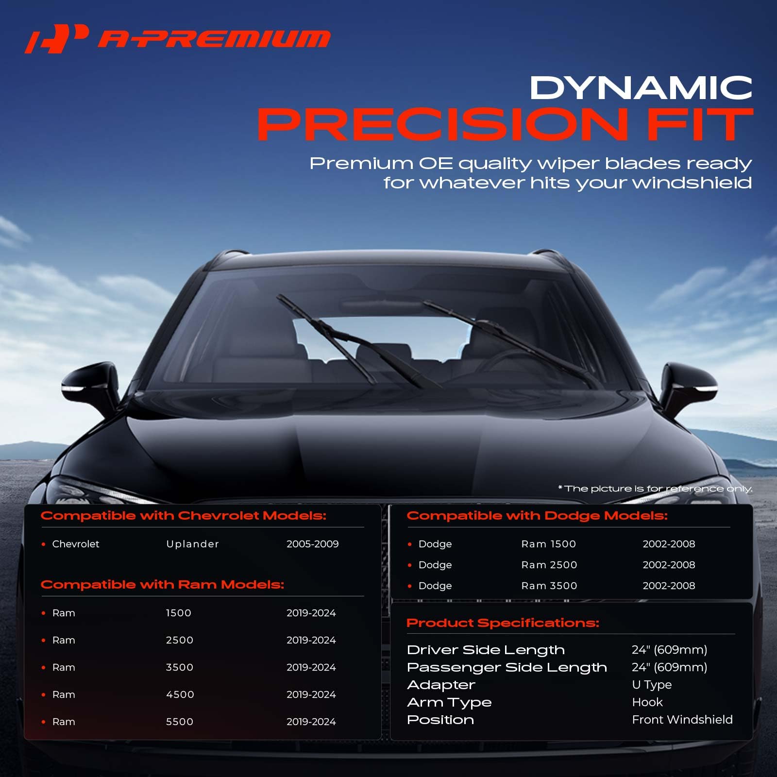 A-Premium 24x24 wiper blade right for Dodge Ram ensures reliable rain clearing