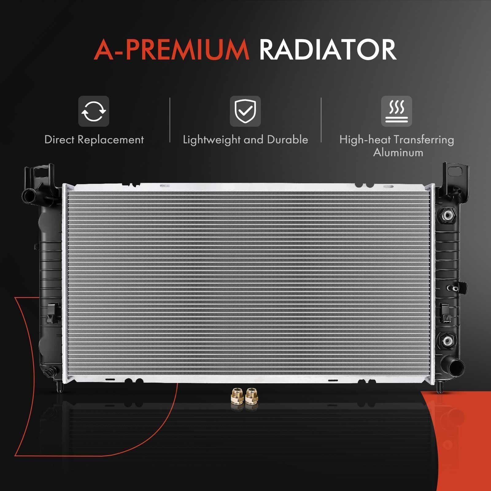 A-Premium 34-inch radiator compatibility chart summarizes supported GM models