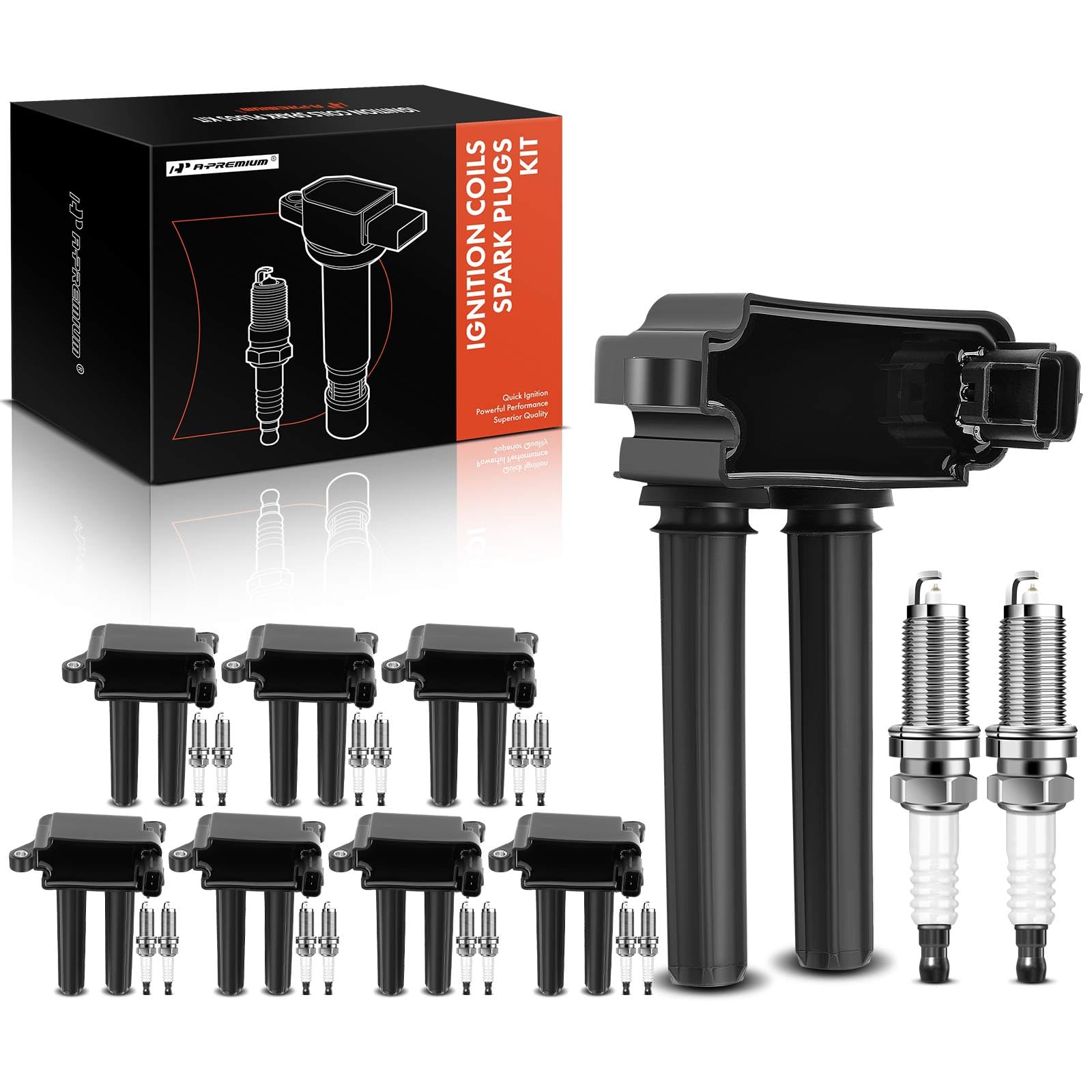 A-Premium 8x black ignition coil pack for reliable ignition performance