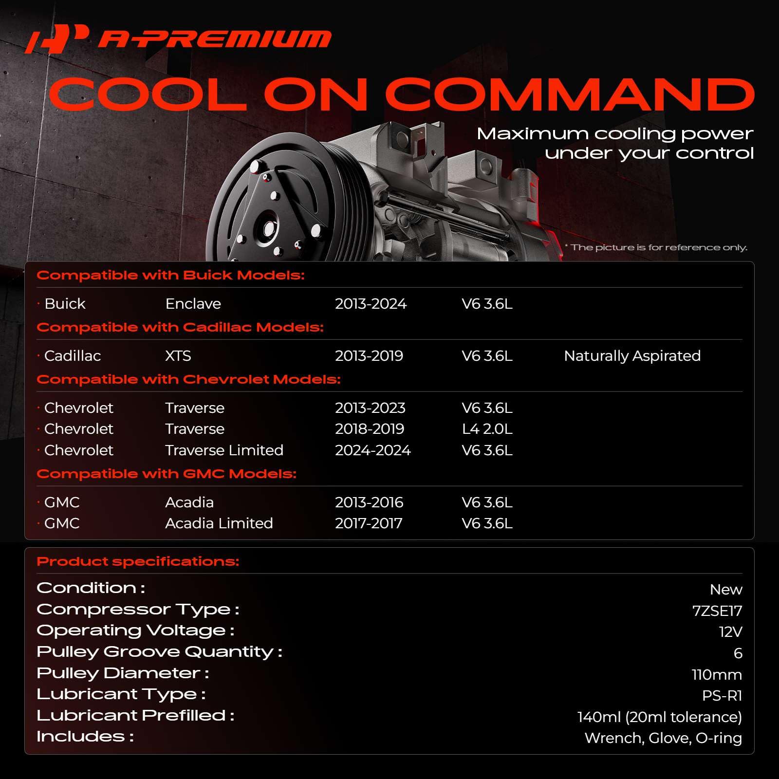 A-Premium AC compressor underhood installation view highlighting compatibility with Chevrolet Traverse.