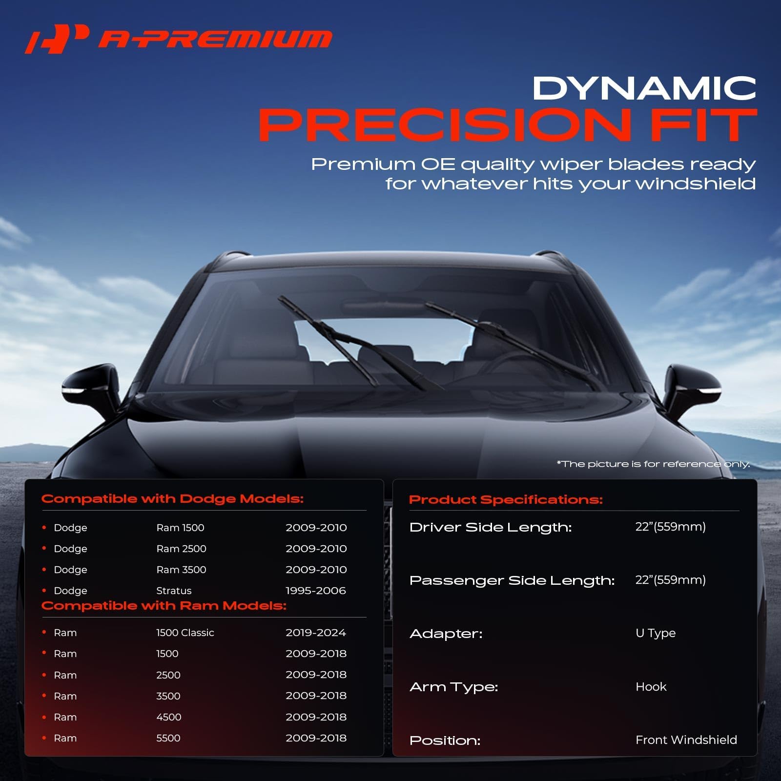 A-Premium APWB065 22 inch right wiper blade ensures even contact across windshield