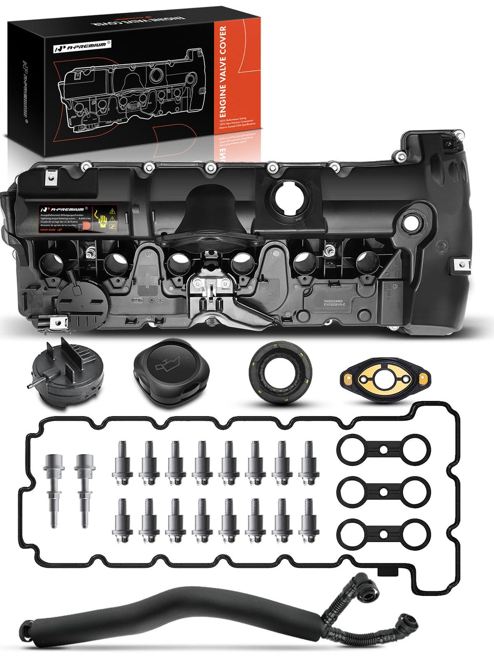 A-Premium BMW valve cover assembly with PCV hose for restored breather operation.