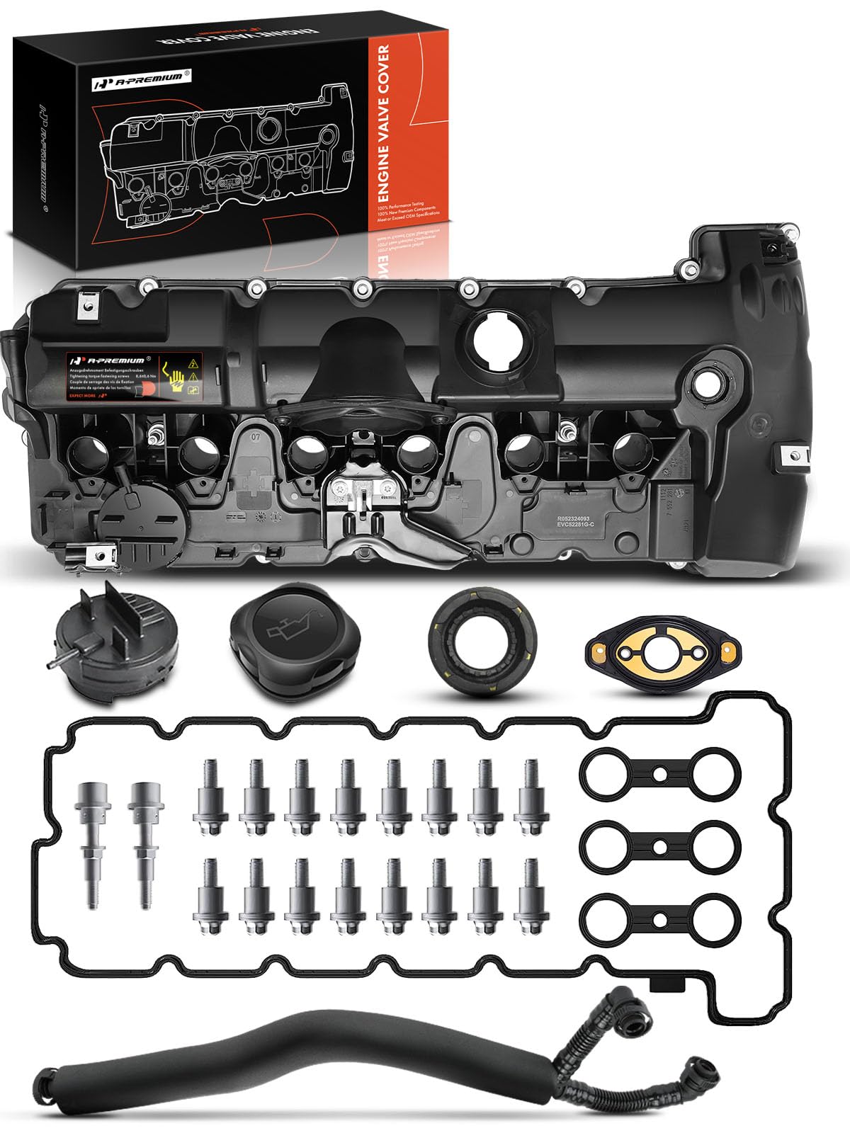 A-Premium BMW valve cover assembly with PCV hose for restored breather operation.