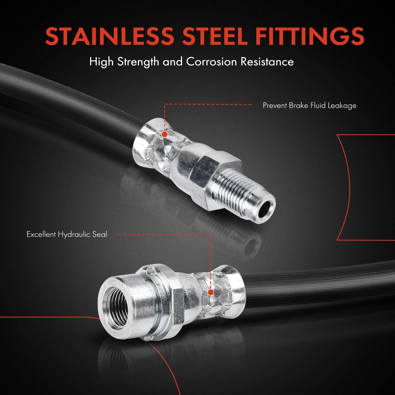 Closeup of stainless steel fittings on A-Premium brake hose.
