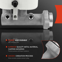 A-Premium brake master cylinder with reservoir and sensor, side angle; easy install alignment.