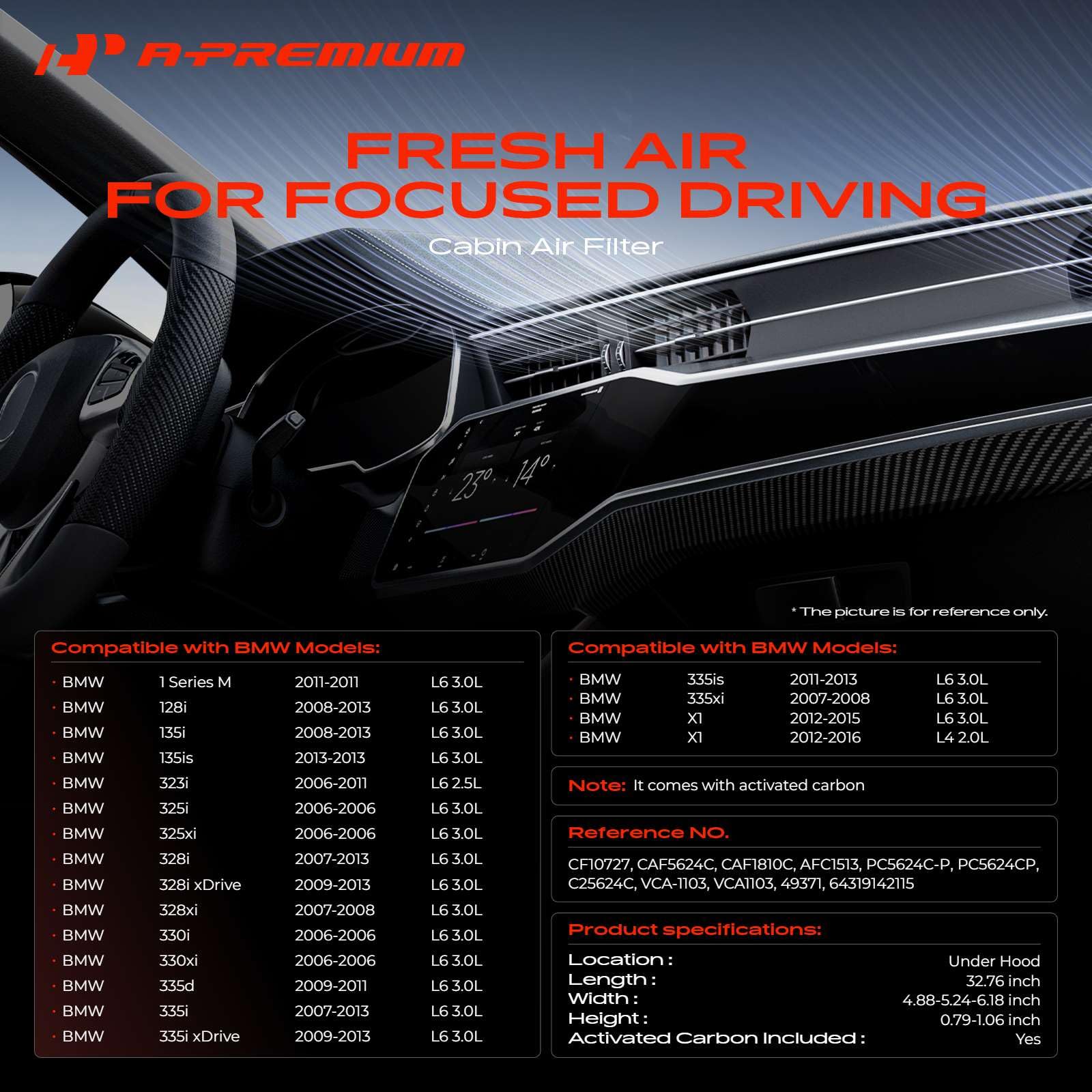 A-Premium filter shown in BMW interior for cleaner cabin air.