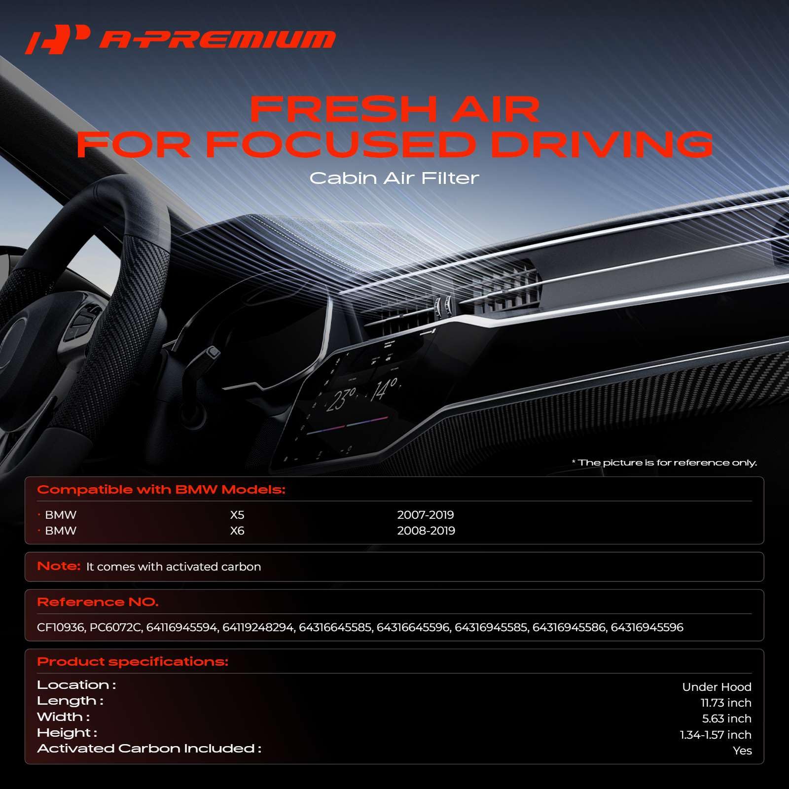 A-Premium activated-carbon cabin filter for BMW X6 freshens interior