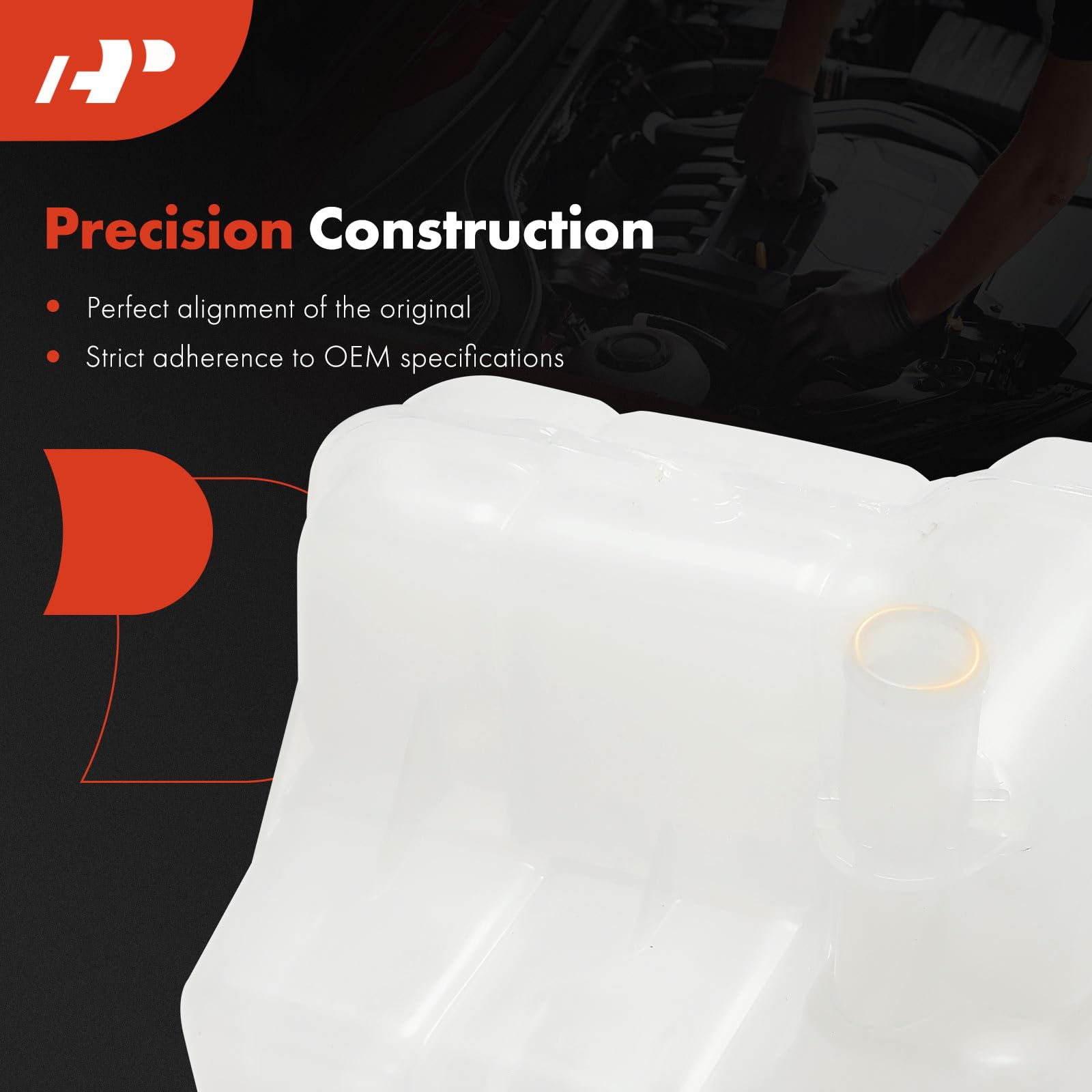 A-Premium coolant recovery tank front view with clean white housing.