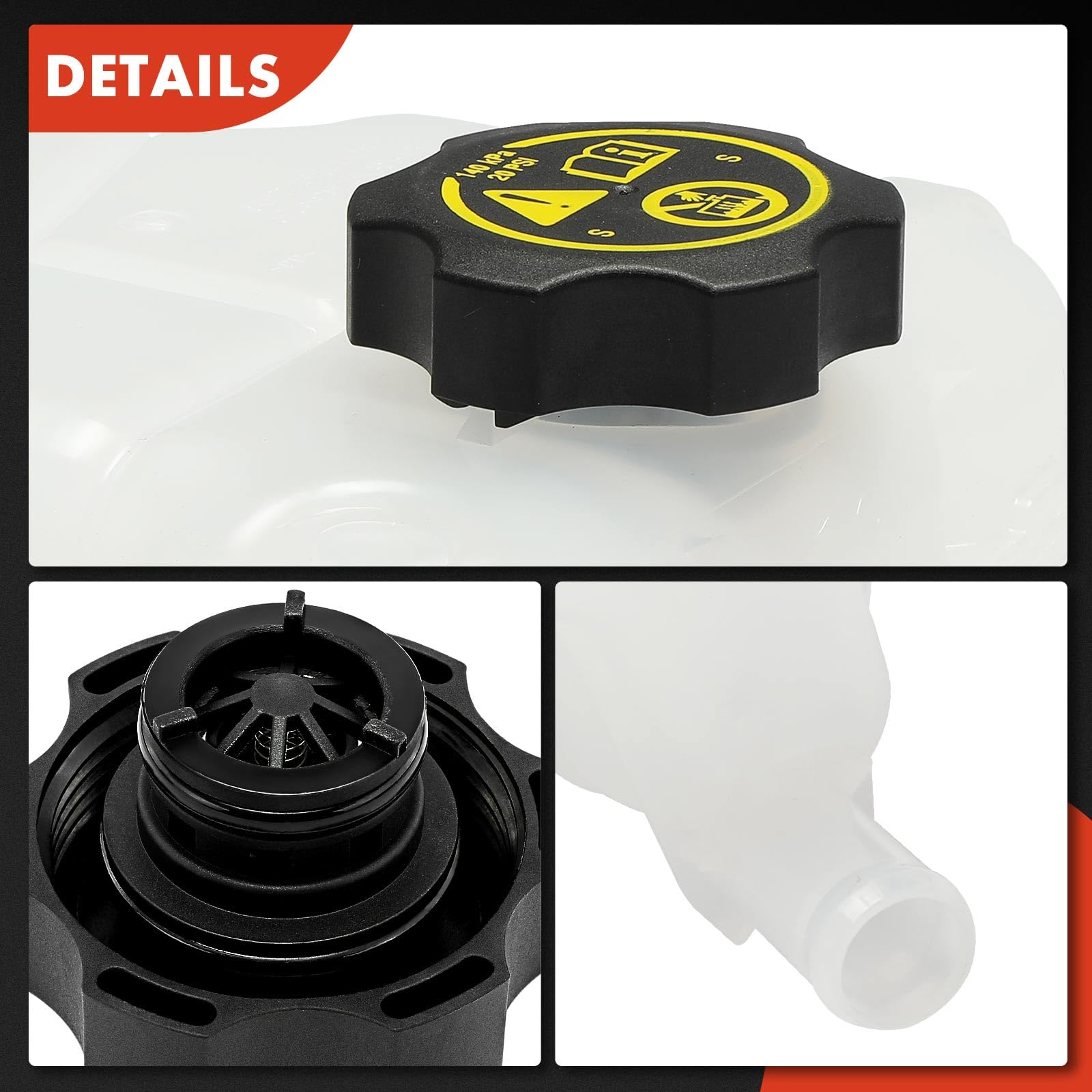 A-Premium coolant recovery tank open cap for quick inspection.