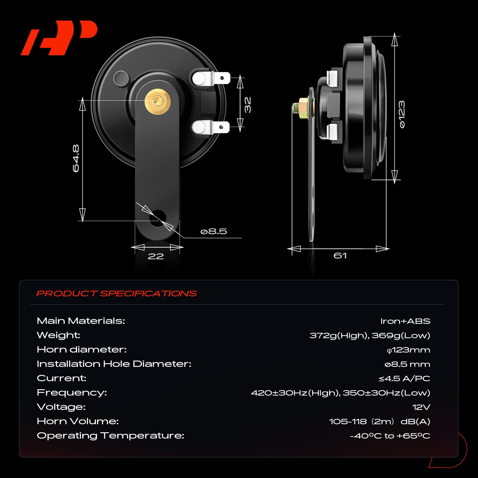 A-Premium disc horn diameter 123mm marking provides quick fitment reference.