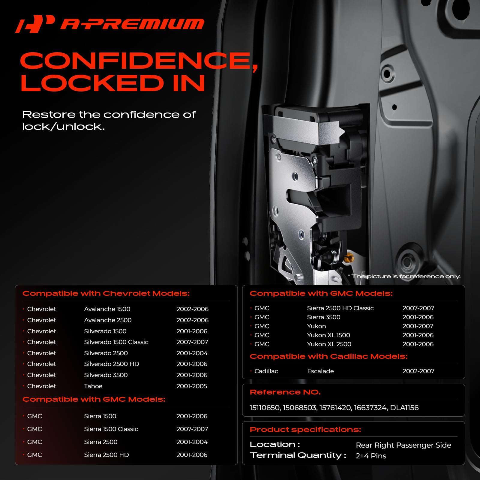 A-Premium door lock actuator rear passenger close-up showing robust construction for reliability.