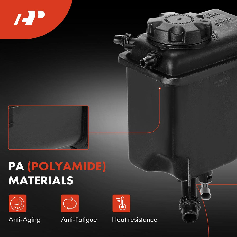 apremium engine bay view of the reservoir, durable plastic construction for heat resistance.
