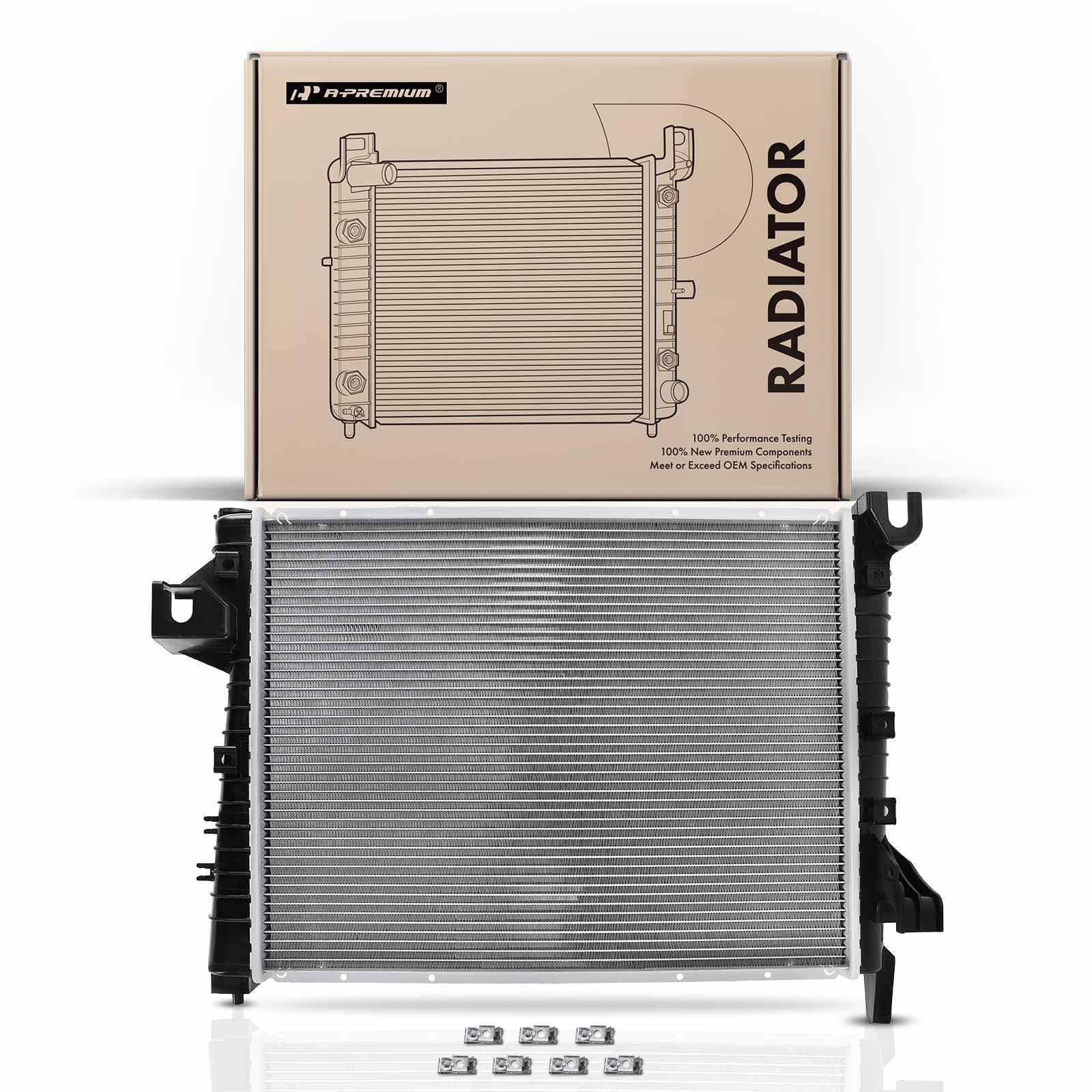 Packaging image showing contents and fitment for A-Premium radiator.