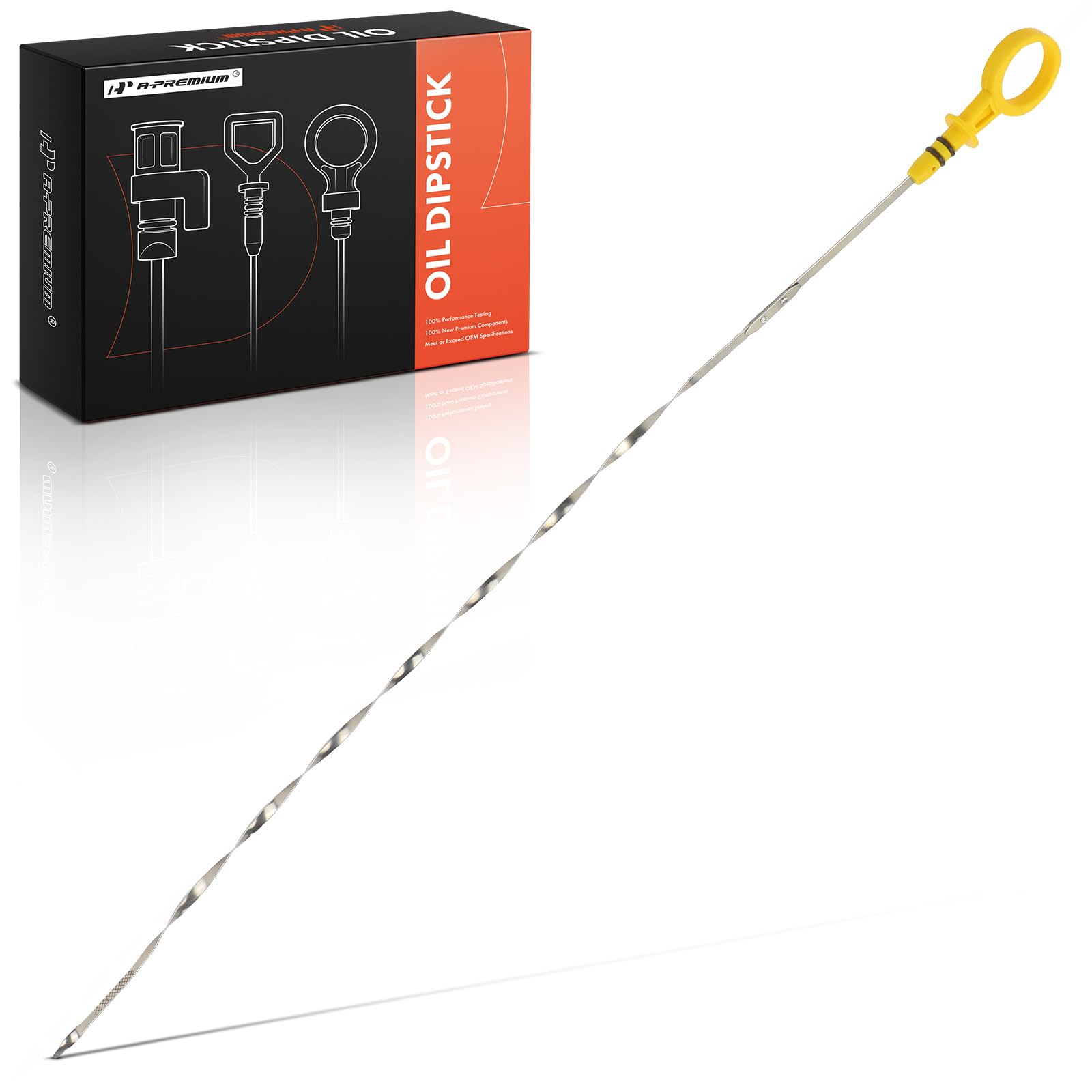 A-Premium engine oil dipstick assembly view showing a durable stainless steel rod.