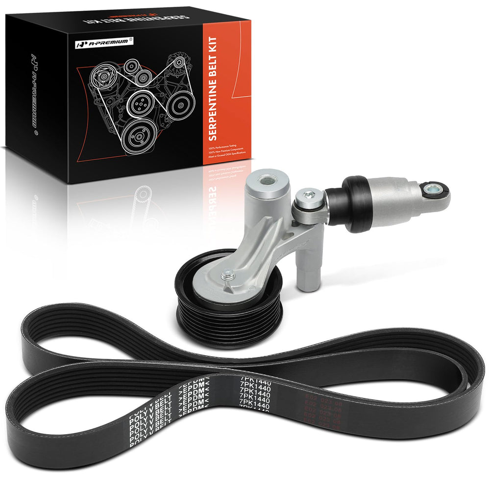 A-Premium engine serpentine belt drive kit front view shows sturdy construction for reliable engine operation.