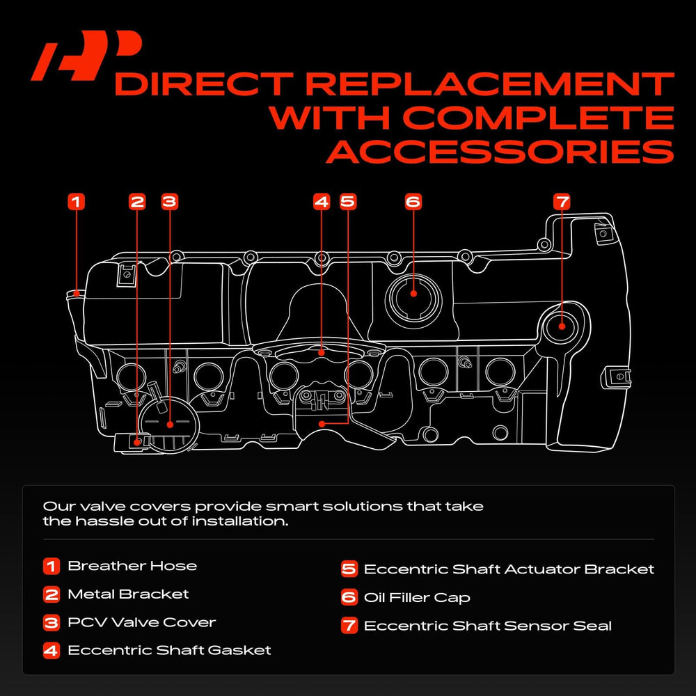 APremium valve cover for BMW X5, complete gasket set supports a reliable seal.