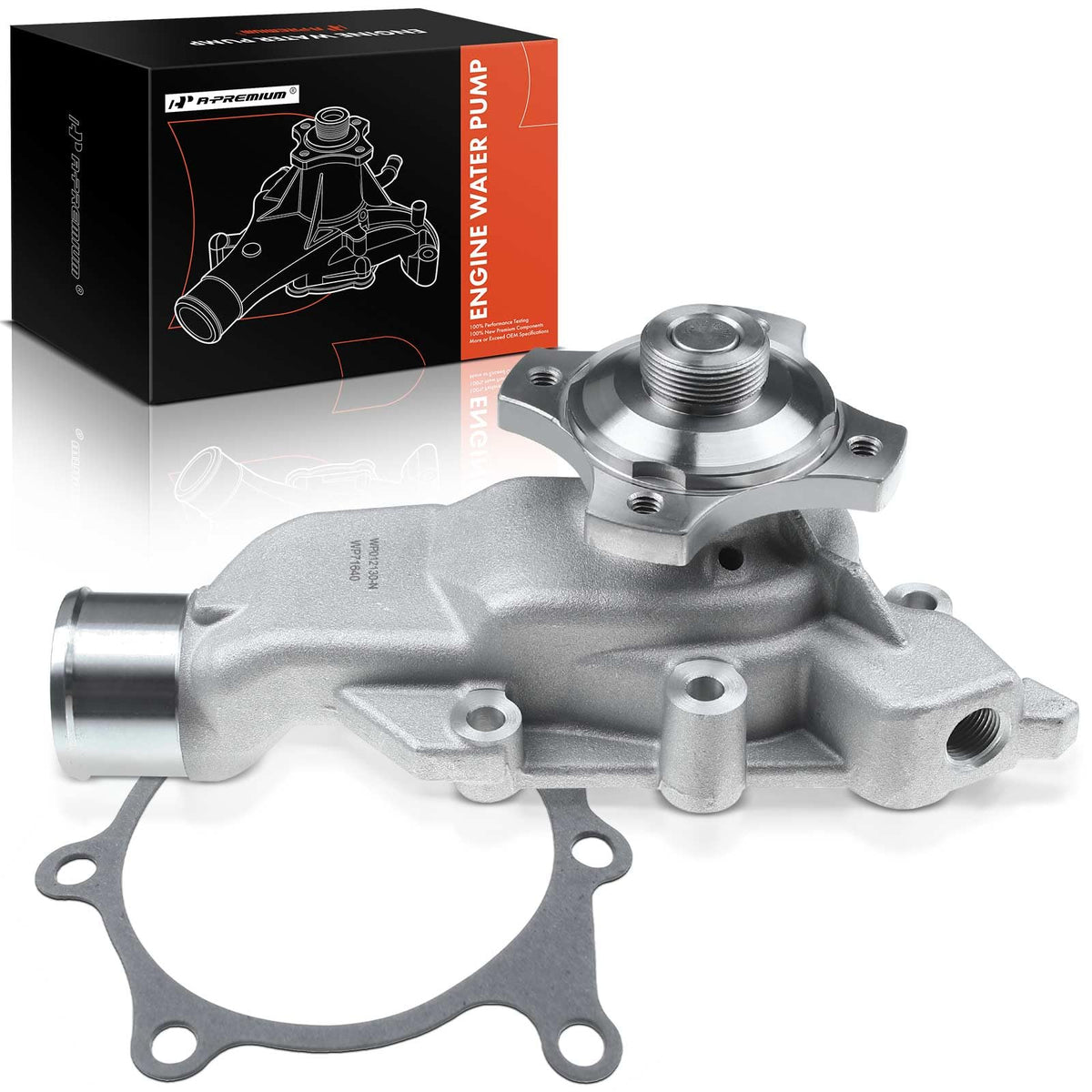 A-Premium engine water pump front view with aluminum housing.
